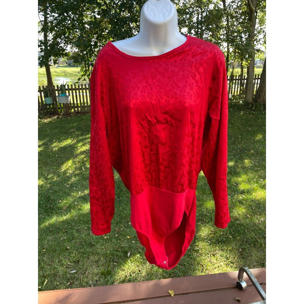 Bodysuit XL Polyester Blend Vintage Worthington Red Floral Long Sleeve